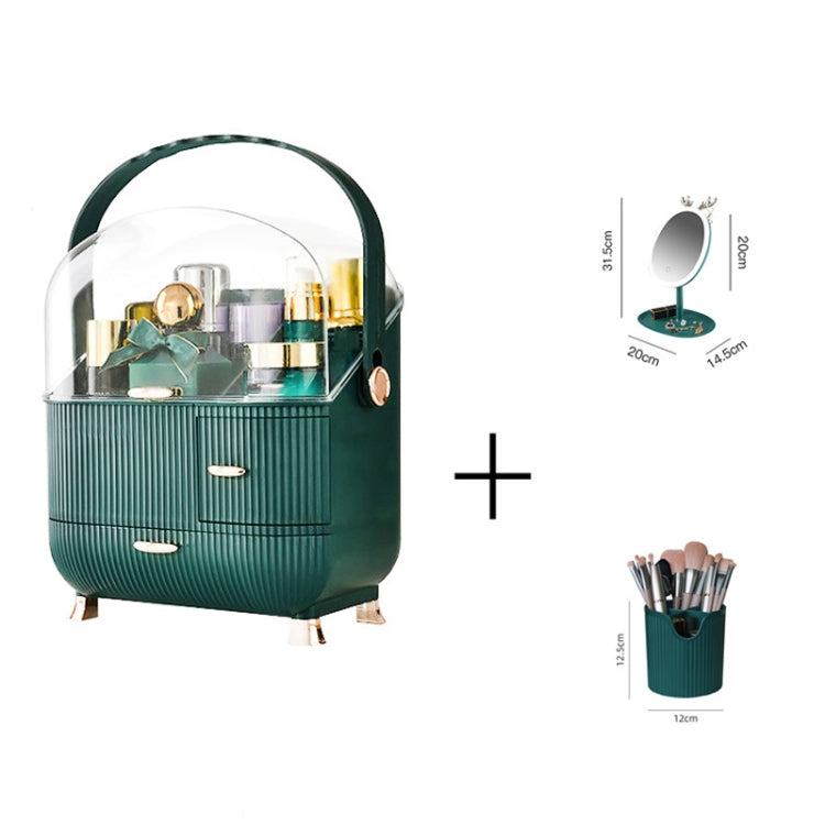 Cosmetic Storage Box Household Desktop Dustproof Large-Capacity Lipstick Skin Care Product Rack, Colour: Green + Pen Brush + Mirror