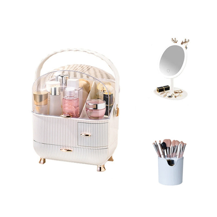 Cosmetic Storage Box Household Desktop Dustproof Large-Capacity Lipstick Skin Care Product Rack, Colour: White + Pen Brush + Mirror