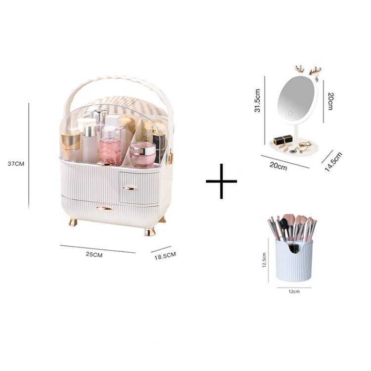 Cosmetic Storage Box Household Desktop Dustproof Large-Capacity Lipstick Skin Care Product Rack, Colour: White + Pen Brush + Mirror