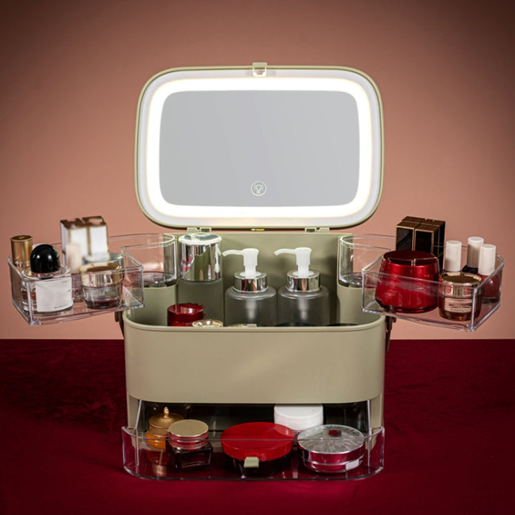 Cosmetic Storage Box Dustproof Skin Care Products Desktop LED With Mirror Shelf, Colour: Green Large LED Light Model