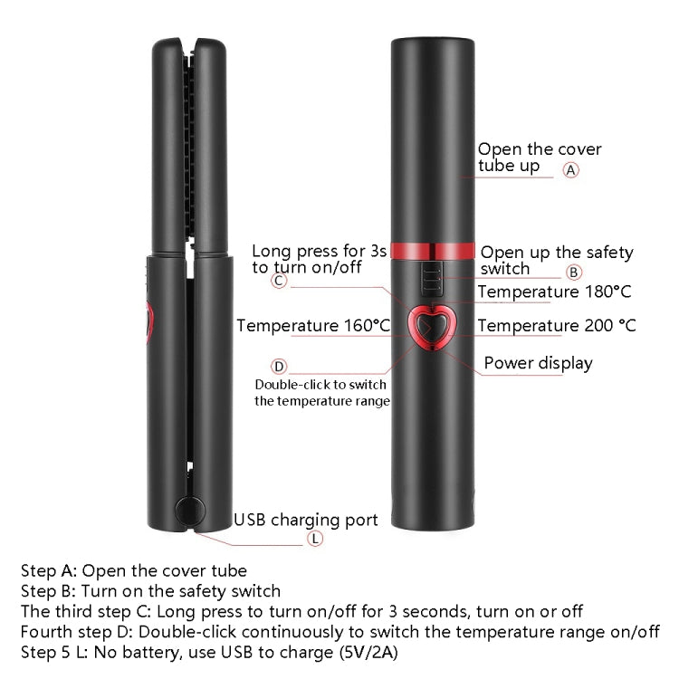 Rechargeable Hair Straightening Curler Dual-Purpose Non-Injury Hair Negative Ion Household Small Hair Curler (Black)