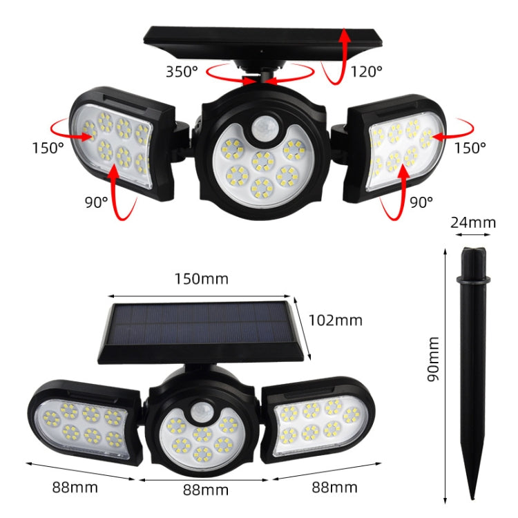 120 LED TG-TY080 3-Heads Rotatable Solar Wall Light Outdoor Waterproof Human Body Induction Garden Lawn Lamp
