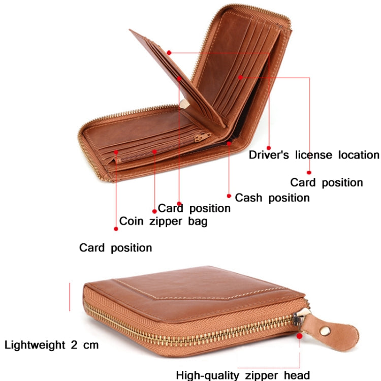 2085 Men Cowhide Business RFID Wallet Multi-Card Slot Short Zipper Coin Purse