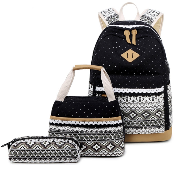 3 PCS/Set 1905-1 Polka Canvas Backpack Student School Bag