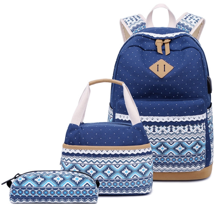 3 PCS/Set 1905-1 Polka Canvas Backpack Student School Bag