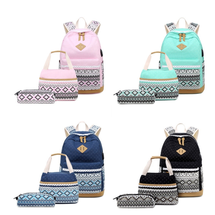 3 PCS/Set 1905-1 Polka Canvas Backpack Student School Bag