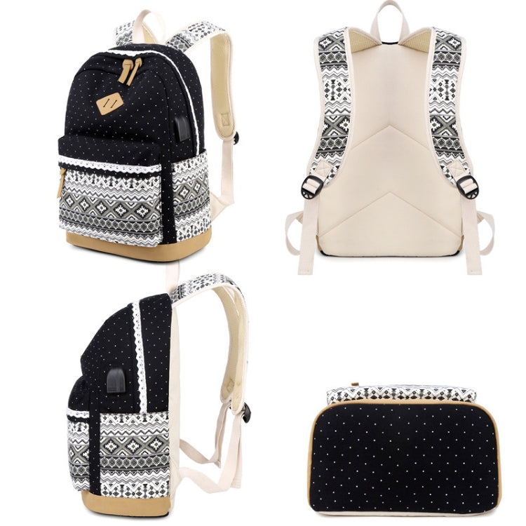3 PCS/Set 1905-1 Polka Canvas Backpack Student School Bag