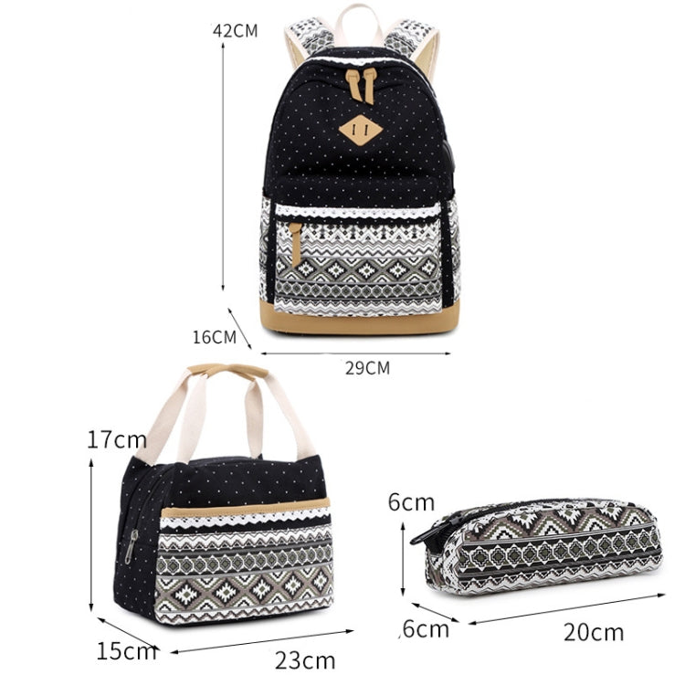 3 PCS/Set 1905-1 Polka Canvas Backpack Student School Bag