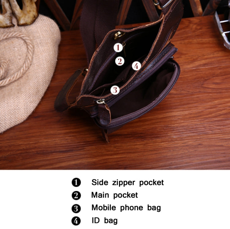 B214 Men Cowhide Leather One-Shoulder Crossbody Chest Bag(Oil Dark Coffee)