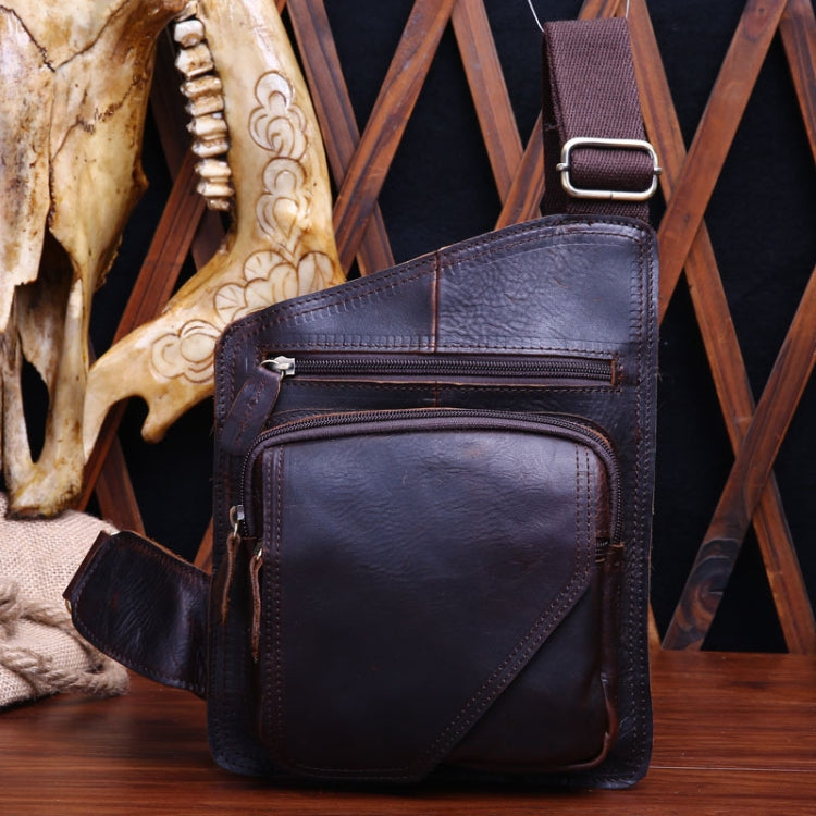 B214 Men Cowhide Leather One-Shoulder Crossbody Chest Bag(Oil Dark Coffee)