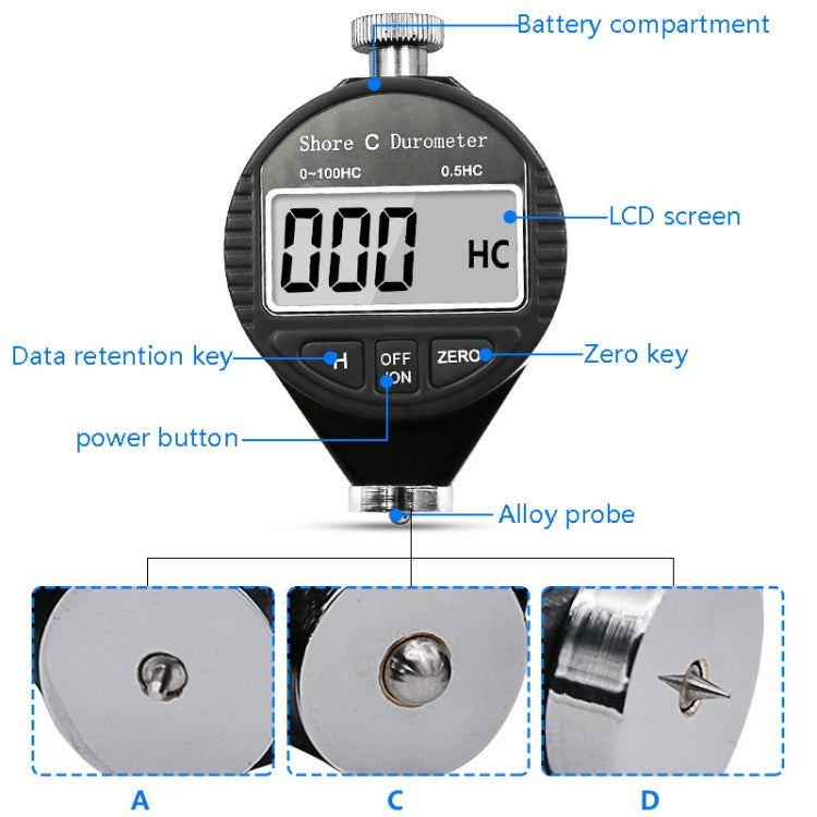 Electronic Digital Display Hard Meter Plastic Rubber Silicone Tire Hardness Meter, Model: 0-100HA A
