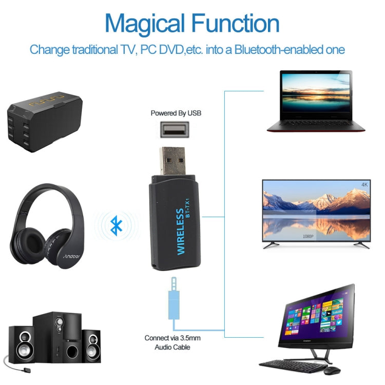 BT-TX1 2 in 1 Bluetooth Wireless 3.5mm Audio Transmitter USB Adapter for TV Computer