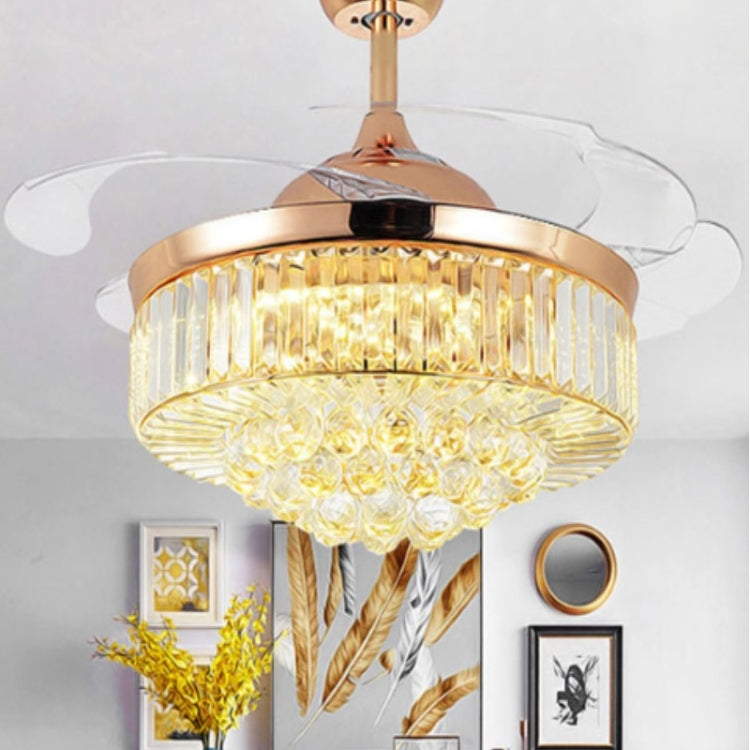 Invisible Crystal Fan LED Chandelier Home Living Room Bedroom Variable Frequency Ceiling Fan Light with Remote Control, Size:52 inch 1102 Three-Color Dimming