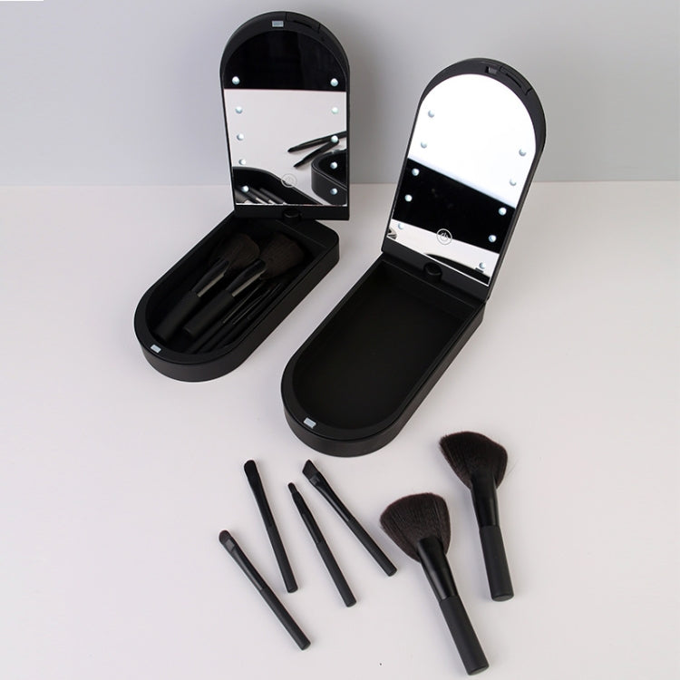 Led Makeup Mirror & 6 PCS Makeup Brushes Set Foldable Rotating Makeup Mirror Box Makeup Tools(Black)