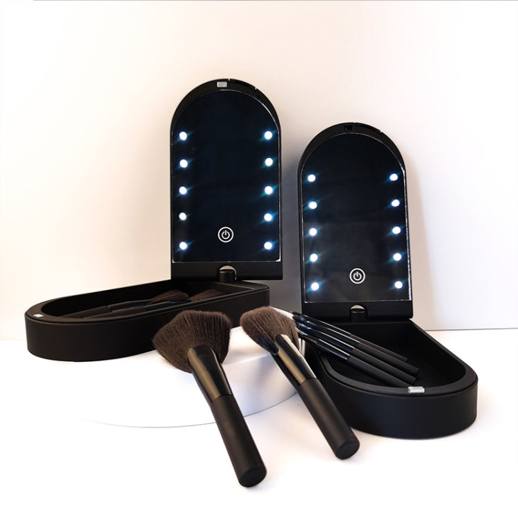Led Makeup Mirror & 6 PCS Makeup Brushes Set Foldable Rotating Makeup Mirror Box Makeup Tools(Black)