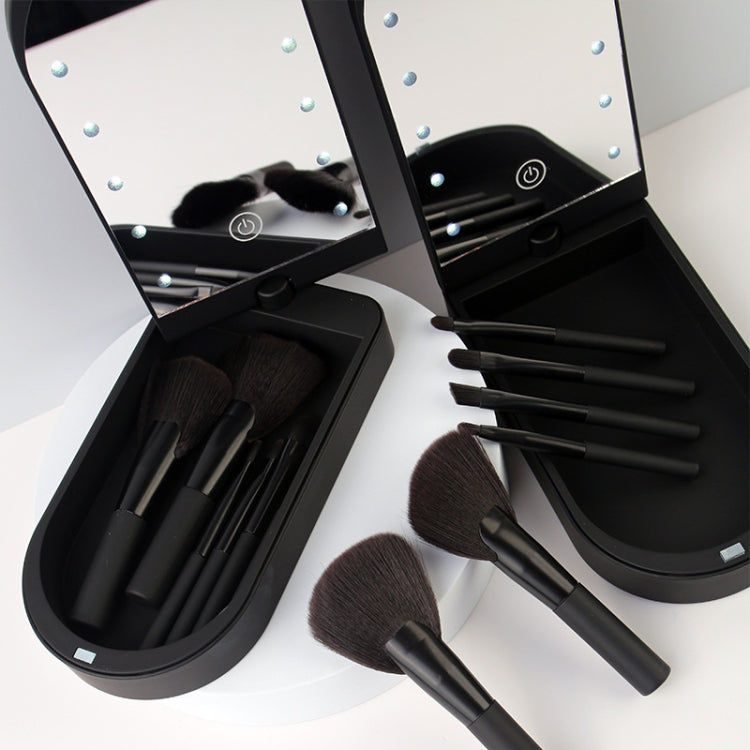Led Makeup Mirror & 6 PCS Makeup Brushes Set Foldable Rotating Makeup Mirror Box Makeup Tools(Black)