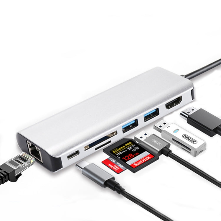 T12 7 in 1 Type-C to RJ45+Type-C+SD/TF+USB3.0 x 2+HDMI HUB(Silver Gray)