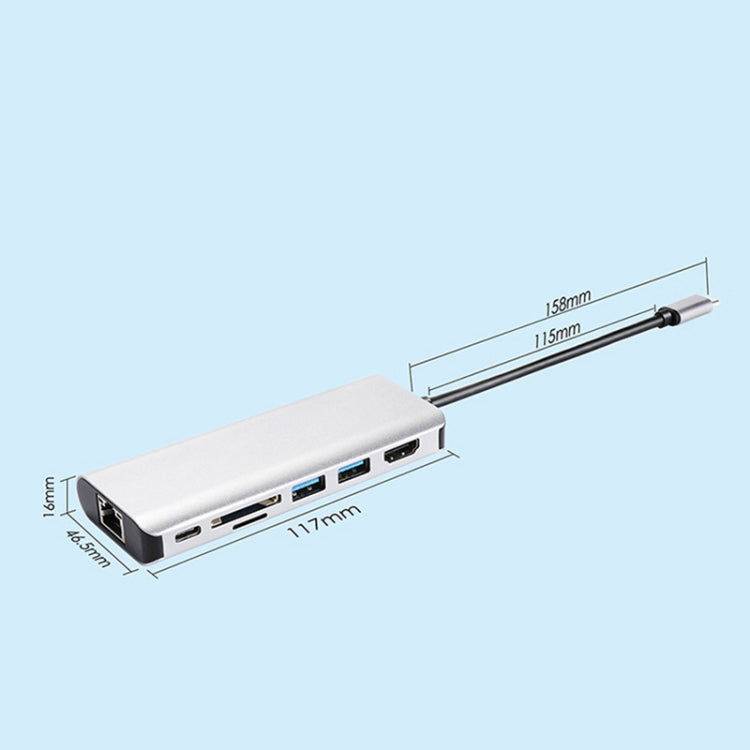 T12 7 in 1 Type-C to RJ45+Type-C+SD/TF+USB3.0 x 2+HDMI HUB(Silver Gray)