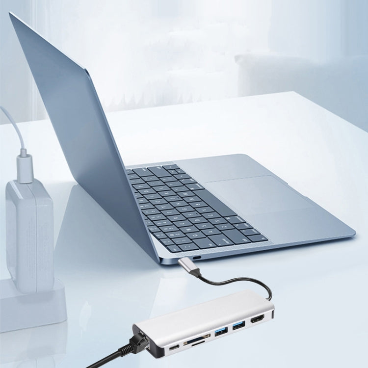 T12 7 in 1 Type-C to RJ45+Type-C+SD/TF+USB3.0 x 2+HDMI HUB(Silver Gray)