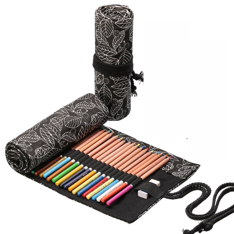 2 PCS 24 Holes  Black Leaf Canvas Printing Pen Curtain Large Capacity Roll Pen Bag Sketch Color Lead Pen Bag