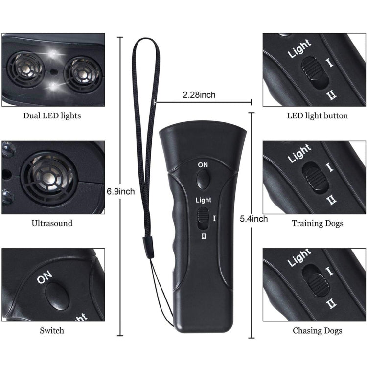 LED Flashlight Ultrasonic Dog Repeller Portable Dog Trainer, Colour: Single-headed Black(Colorful Package)