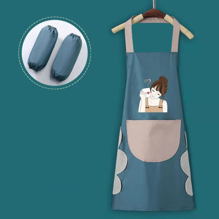2 PCS Kitchen Hand Wipe Apron Waterproof Oil-Proof Home Work Clothes, Colour: Beauty Coffee (Lake Blue) + Sleeve