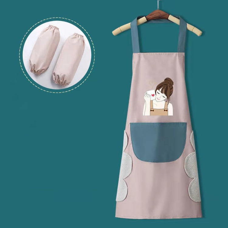 2 PCS Kitchen Hand Wipe Apron Waterproof Oil-Proof Home Work Clothes, Colour: Beauty coffee (Pink) + Sleeve