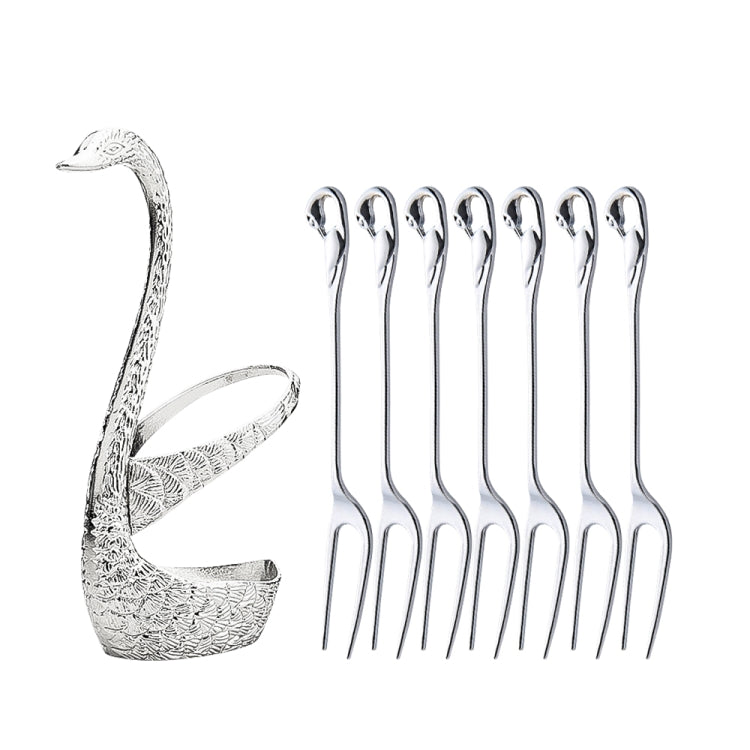 Swan Fruit Fork And Spoon Set Dessert Fork Fruit Fork Rack Tableware Wedding Gift, Colour: Silver Stripe With 6 Fork
