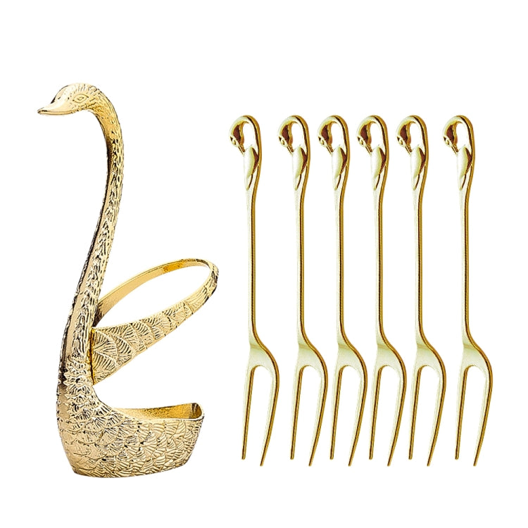 Swan Fruit Fork And Spoon Set Dessert Fork Fruit Fork Rack Tableware Wedding Gift, Colour: Golden Stripe With 6 Fork