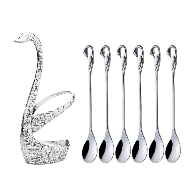 Swan Fruit Fork And Spoon Set Dessert Fork Fruit Fork Rack Tableware Wedding Gift, Colour: Silver Stripe With 6 Spoons