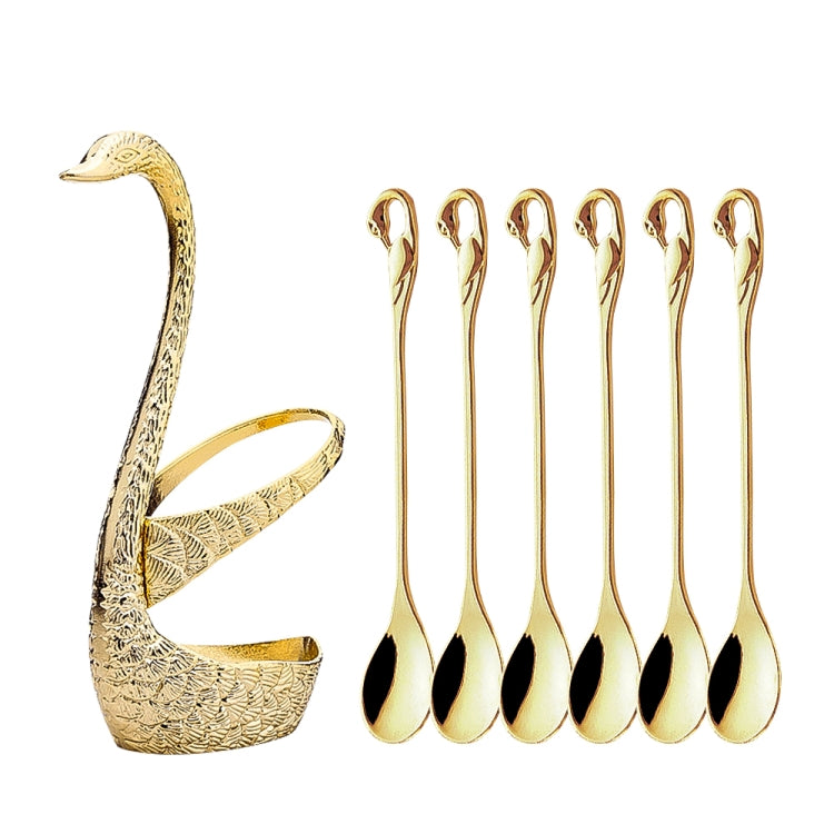 Swan Fruit Fork And Spoon Set Dessert Fork Fruit Fork Rack Tableware Wedding Gift, Colour: Golden Stripe With 6 Spoons