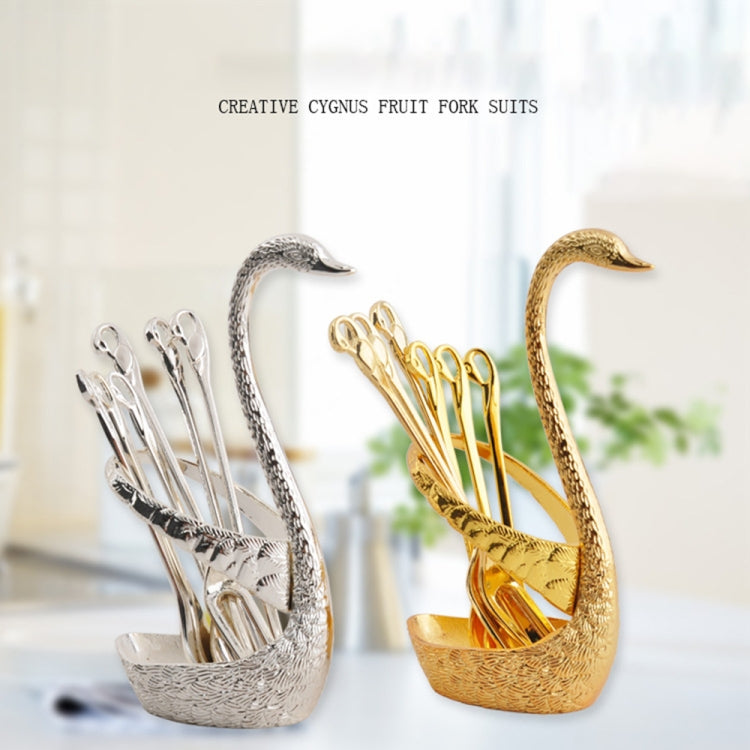 Swan Fruit Fork And Spoon Set Dessert Fork Fruit Fork Rack Tableware Wedding Gift, Colour: Golden Stripe With 6 Spoons