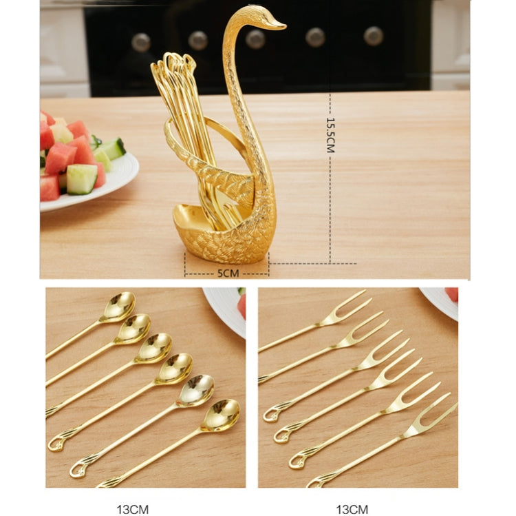 Swan Fruit Fork And Spoon Set Dessert Fork Fruit Fork Rack Tableware Wedding Gift, Colour: Golden Stripe With 6 Spoons
