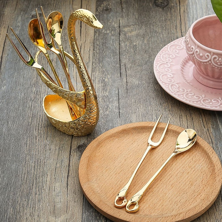 Swan Fruit Fork And Spoon Set Dessert Fork Fruit Fork Rack Tableware Wedding Gift, Colour: Golden Stripe With 6 Spoons