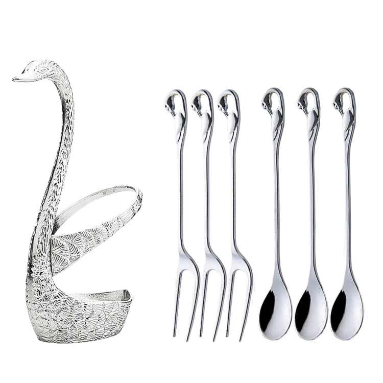 Swan Fruit Fork And Spoon Set Dessert Fork Fruit Fork Rack Tableware Wedding Gift, Colour: Silver Stripe With 3 Spoons+3 Forks