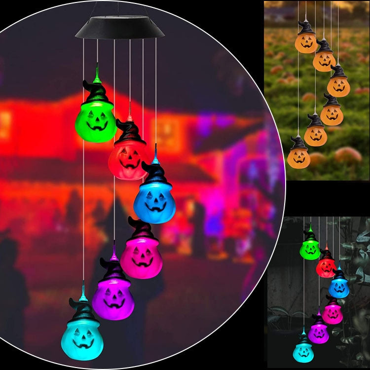 6 LED Solar Wind Chime Lamp Halloween Garden Decoration Pumpkin Lamp Holiday Gift(Black Shell)