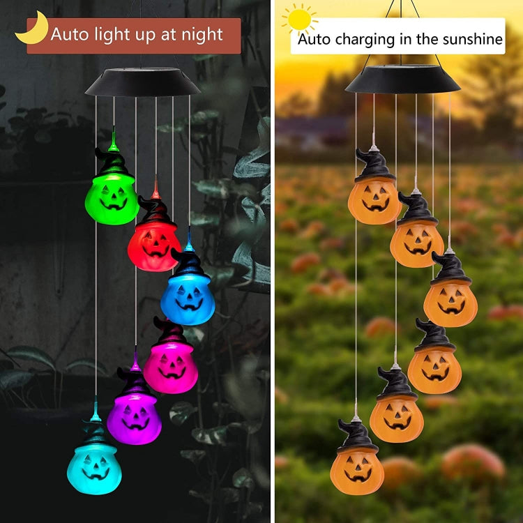 6 LED Solar Wind Chime Lamp Halloween Garden Decoration Pumpkin Lamp Holiday Gift(Black Shell)