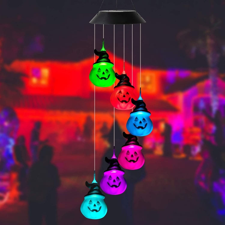 6 LED Solar Wind Chime Lamp Halloween Garden Decoration Pumpkin Lamp Holiday Gift(Black Shell)