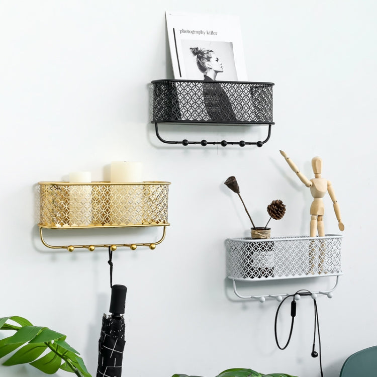 CK0457 Wrought Iron Wall Rack Clothes Key Hook Clothes Storage Wall Hanging Basket, Color: Gold