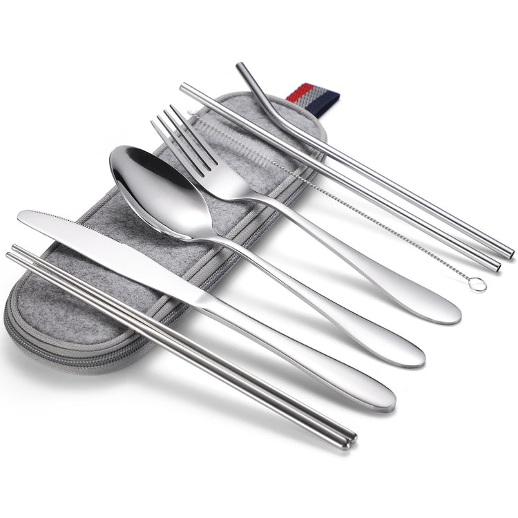 7 in 1 Cutlery Spoon Chopsticks And Straw Set Stainless Steel Portable Cutlery Set, Specification: Silver + Light Bag