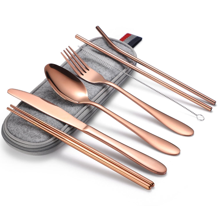 7 in 1 Cutlery Spoon Chopsticks And Straw Set Stainless Steel Portable Cutlery Set, Specification: Rose+ Light Bag