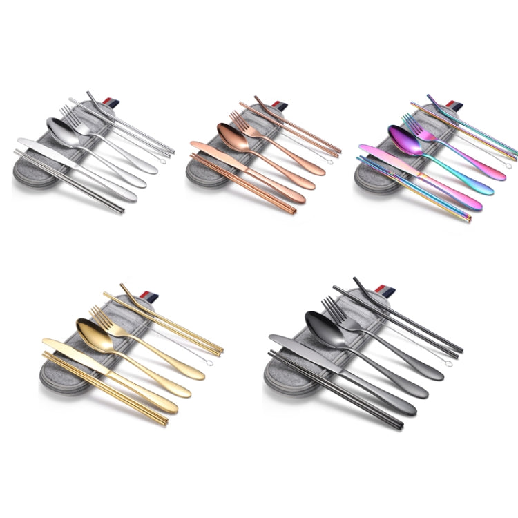 7 in 1 Cutlery Spoon Chopsticks And Straw Set Stainless Steel Portable Cutlery Set, Specification: Rose+ Light Bag