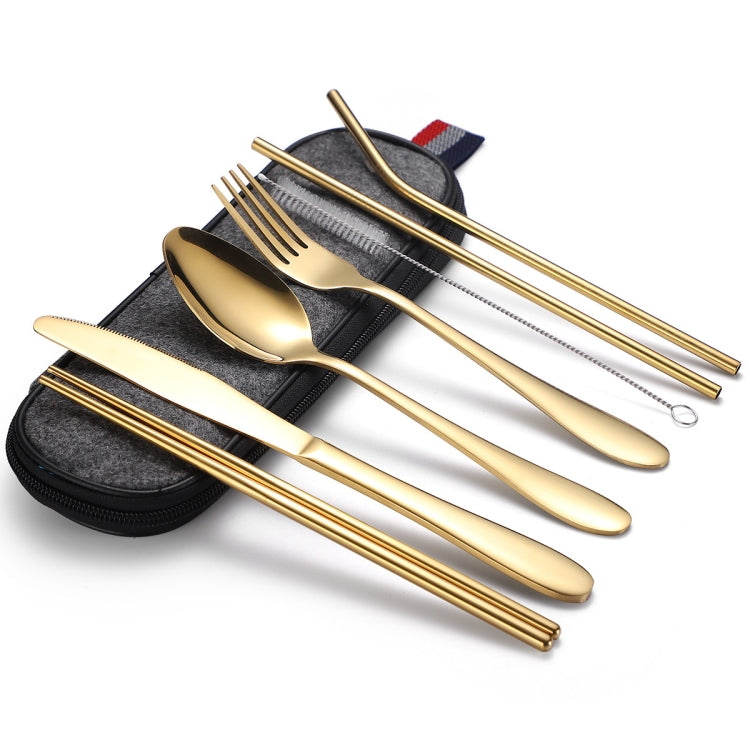 7 in 1 Cutlery Spoon Chopsticks And Straw Set Stainless Steel Portable Cutlery Set, Specification: Gold  + Deep Bag