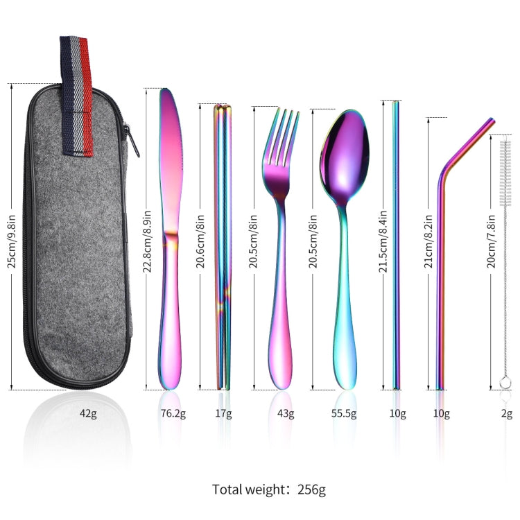 7 in 1 Cutlery Spoon Chopsticks And Straw Set Stainless Steel Portable Cutlery Set, Specification: Gold  + Deep Bag