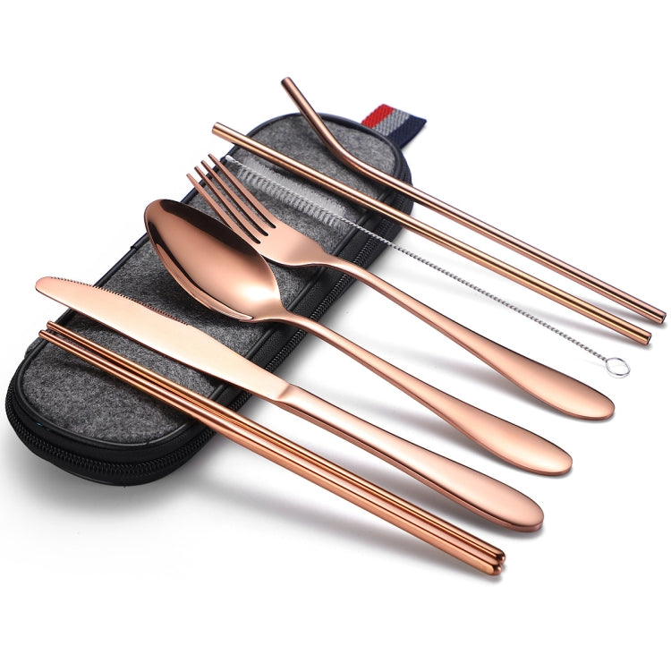 7 in 1 Cutlery Spoon Chopsticks And Straw Set Stainless Steel Portable Cutlery Set, Specification: Rose  + Deep Bag