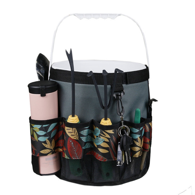 5 Gallon Oxford Cloth Round Bucket Garden Tool Bag Multi-Pocket Portable Outdoor Garden Tool Storage Bag(Gray Flower)