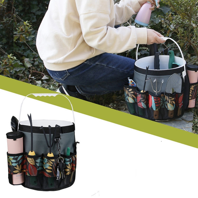 5 Gallon Oxford Cloth Round Bucket Garden Tool Bag Multi-Pocket Portable Outdoor Garden Tool Storage Bag(Gray Flower)