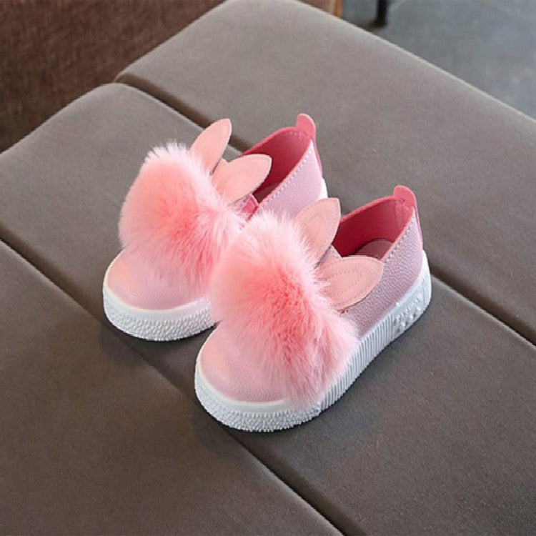 Girls Rabbit Ears Furry Flat Bottom Shoes, Shoe Size:25