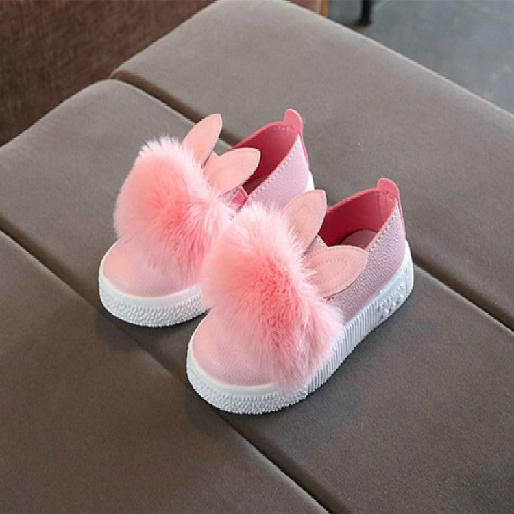 Girls Rabbit Ears Furry Flat Bottom Shoes, Shoe Size:25