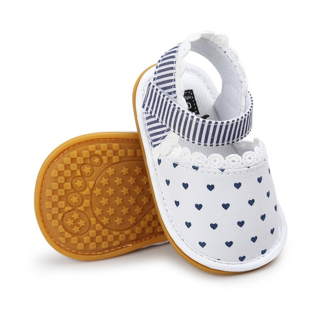 Floral Stripe Heart Baby Girls Sandals Cotton Fabric Rubber Sole Crib Shoes